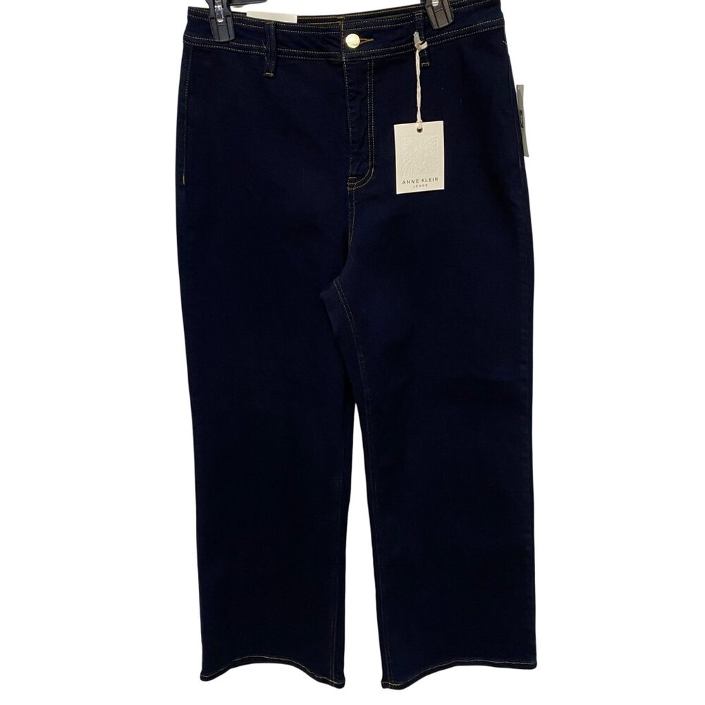 Anne Klein High Rise Wide Leg Jeans Slimming Modern Fit Dark Blue Denim 14 NWT